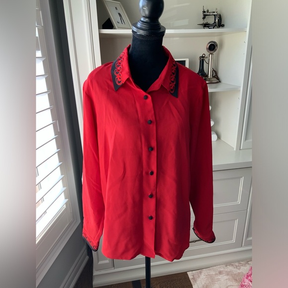 Vintage 80’S YVES ST. CLAIR Red & Black Long Sleeve Blouse Women’s Size Large - Picture 2 of 14